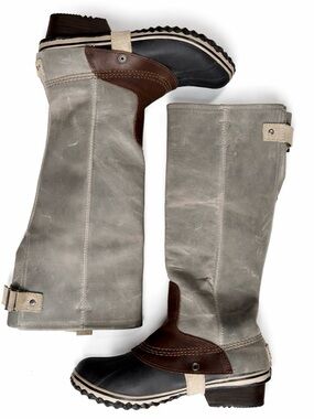 SOREL Slimpack Knee High Riding Waterproof Leather & Rubber Boots - Gray/Brown